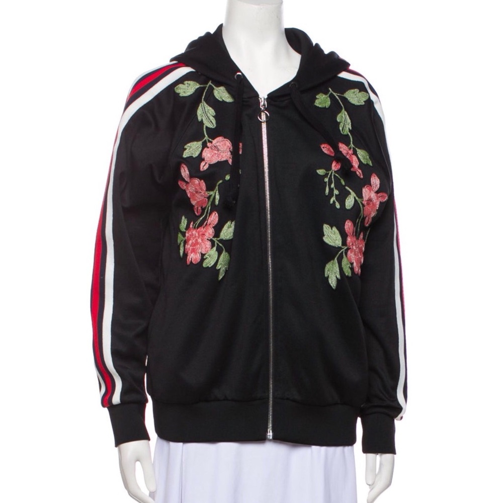 Gucci Black Bomber Jacket with Red and Green Floral Embroidery